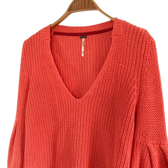 FREE PEOPLE Damsel Bell Sleeve Ribbed a knit Cropped Sweater in Orange - Picture 3 of 4